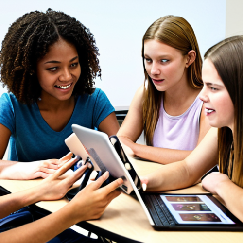 **

Interactive learning environment. A diverse group of students engaged in a lively group work session, collaborating on a project with tablets and laptops. Bright, modern classroom setting. Focus on teamwork and active participation.

**