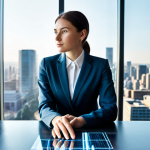 A professional businesswoman in a modest business suit, seated at a sleek modern desk, intensely focused on a transparent holographic display. The display initially shows complex, abstract data, gradually transforming into clear, understandable charts and insights, symbolizing clarity emerging from complexity. An expert, also in professional dress, stands beside her, subtly gesturing towards the display. The setting is a brightly lit, minimalist office space with large windows overlooking a modern city skyline. professional photography, high resolution, perfect anatomy, correct proportions, natural pose, well-formed hands, proper finger count, natural body proportions, safe for work, appropriate content, fully clothed, modest clothing, professional dress, family-friendly.