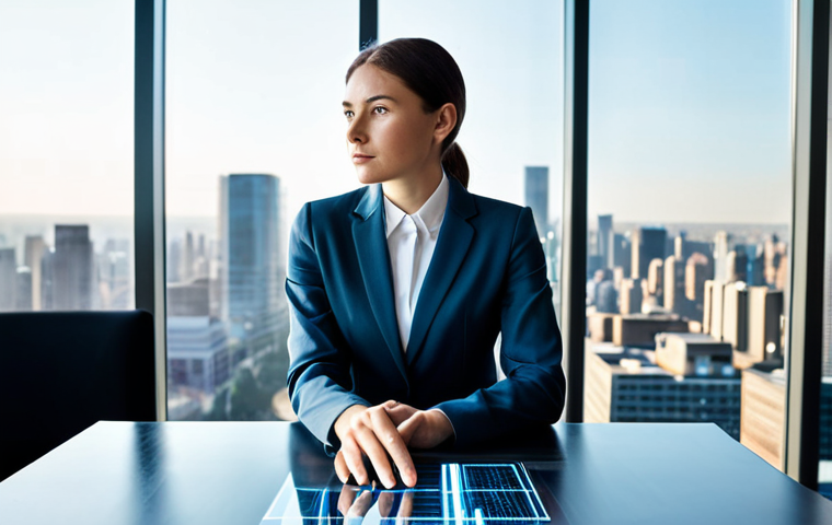 A professional businesswoman in a modest business suit, seated at a sleek modern desk, intensely focused on a transparent holographic display. The display initially shows complex, abstract data, gradually transforming into clear, understandable charts and insights, symbolizing clarity emerging from complexity. An expert, also in professional dress, stands beside her, subtly gesturing towards the display. The setting is a brightly lit, minimalist office space with large windows overlooking a modern city skyline. professional photography, high resolution, perfect anatomy, correct proportions, natural pose, well-formed hands, proper finger count, natural body proportions, safe for work, appropriate content, fully clothed, modest clothing, professional dress, family-friendly.
