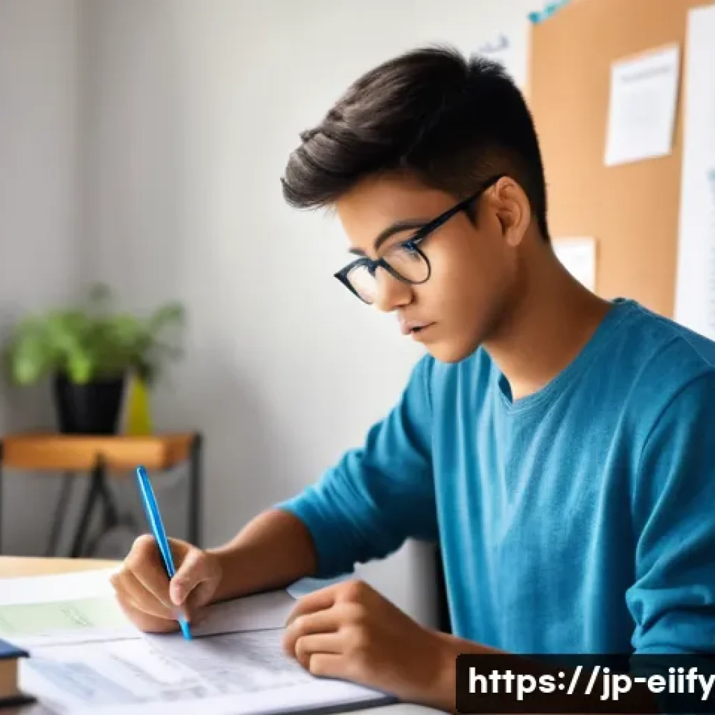 복잡한 주제 학습을 위한 시간 관리 전략 - **A focused student visualizing their learning journey and goals.**
Prompt: "A young person, app...