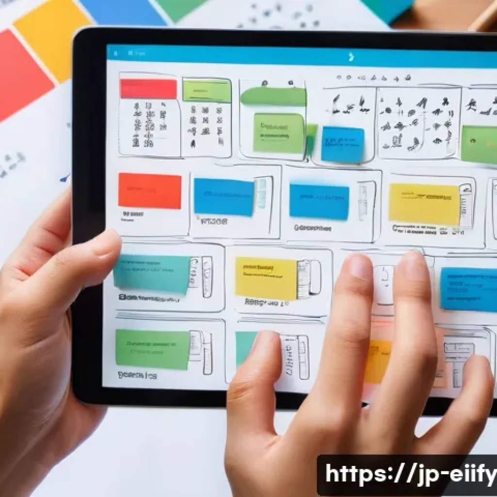 복잡한 개념 이해를 위한 다각적 접근 방법 - A modern, clean digital workspace showing a person’s hands using a tablet with a colorful mind map a...