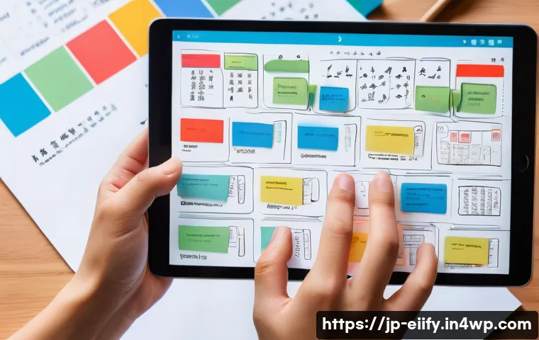 복잡한 개념 이해를 위한 다각적 접근 방법 - A modern, clean digital workspace showing a person&rsquo;s hands using a tablet with a colorful mind map a...