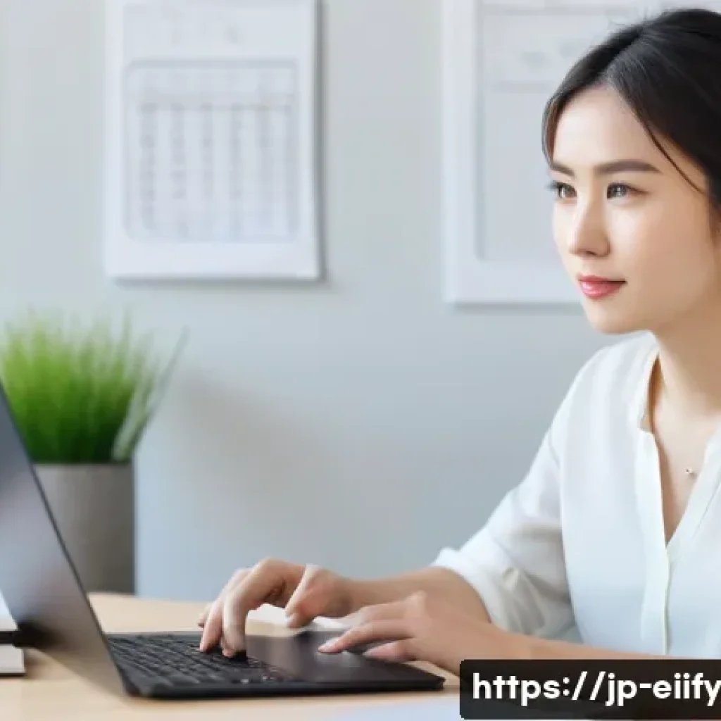 복잡한 주제를 효과적으로 전달하기 위한 스토리텔링 기법 - A friendly office scene showing a young Japanese professional woman in smart casual attire, sitting ...