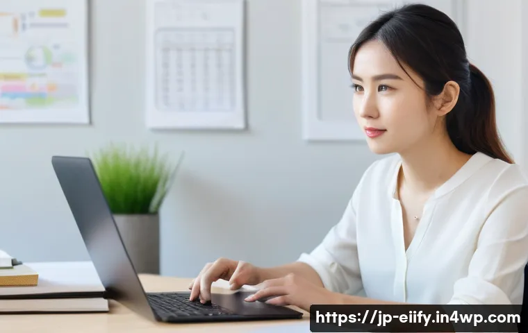 복잡한 주제를 효과적으로 전달하기 위한 스토리텔링 기법 - A friendly office scene showing a young Japanese professional woman in smart casual attire, sitting ...