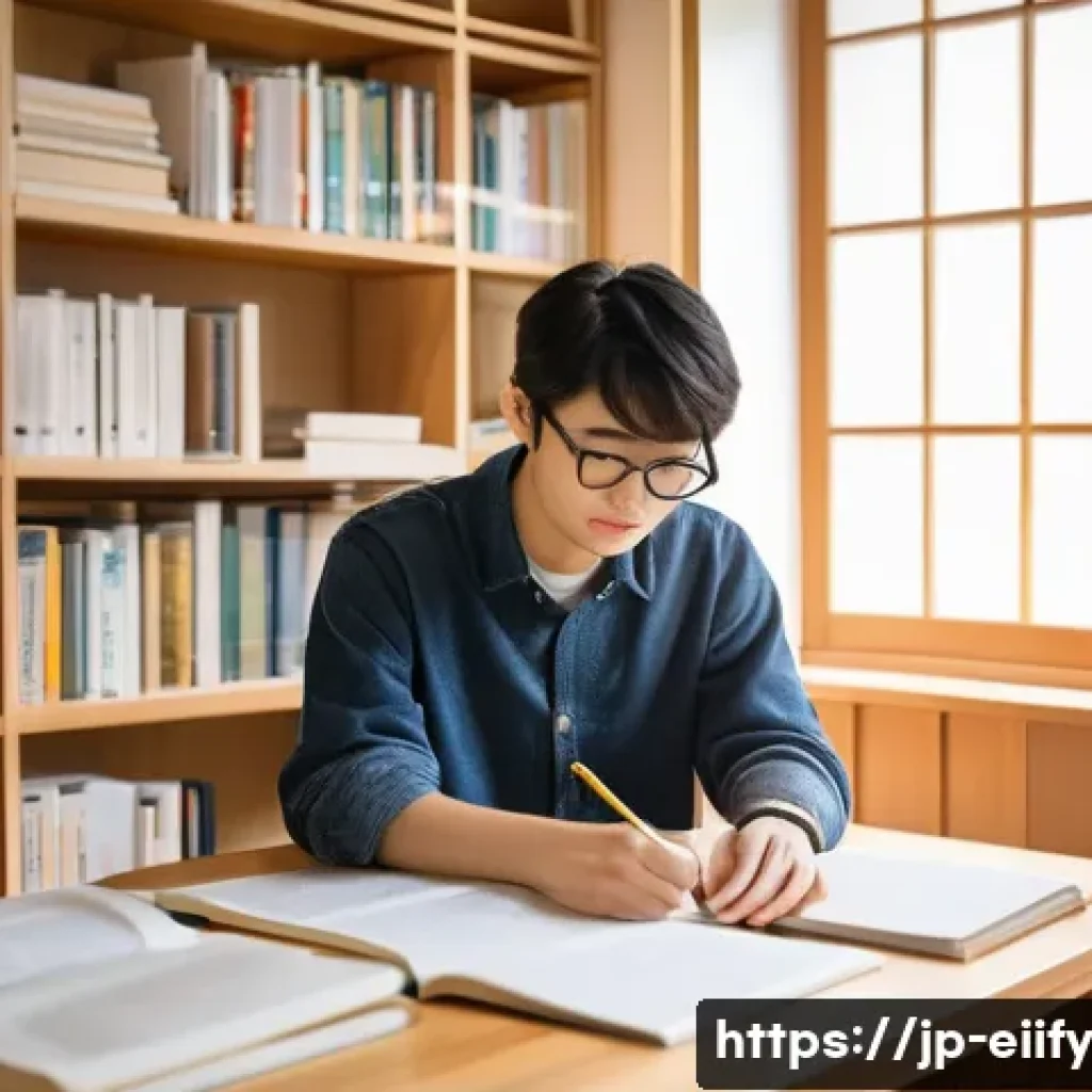 복잡한 주제에 대한 연구 논문 읽기 전략 - A modern Japanese university student studying academic papers in a quiet, cozy room with natural lig...