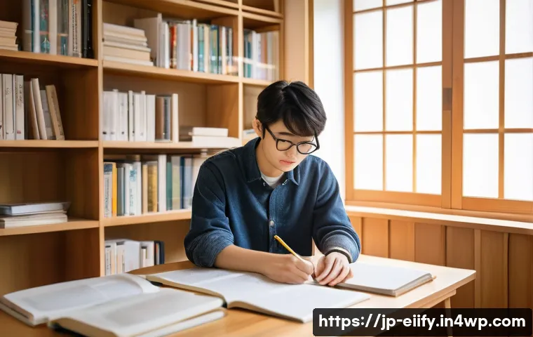 복잡한 주제에 대한 연구 논문 읽기 전략 - A modern Japanese university student studying academic papers in a quiet, cozy room with natural lig...