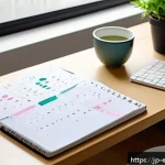 복잡한 주제 학습을 위한 일일 학습 목표 설정하기 - A modern Japanese-style study desk scene in a bright, minimalist room with natural light streaming t...
