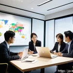 복잡한 과제를 작은 단계로 나누는 기법 - A modern Japanese office scene where a diverse group of young professionals, dressed in business cas...