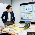 복잡한 주제에 대한 사고 실험 실시하기 - A modern Japanese office scene with diverse professionals gathered around a large whiteboard and dig...