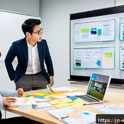 복잡한 주제에 대한 사고 실험 실시하기 - A modern Japanese office scene with diverse professionals gathered around a large whiteboard and dig...