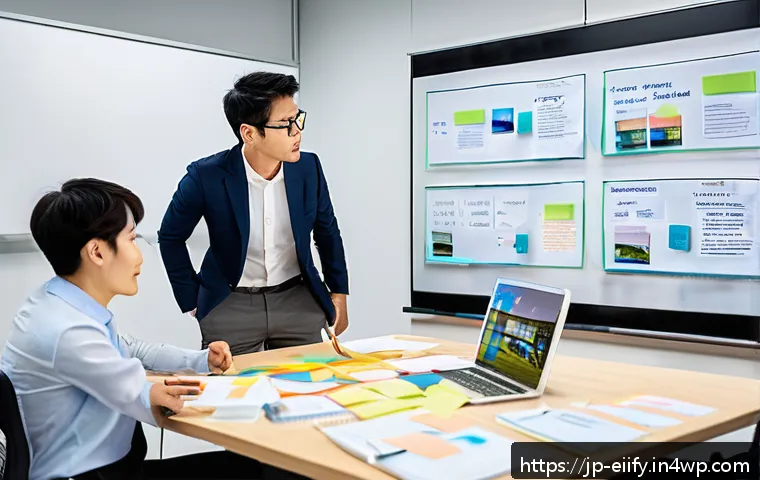 복잡한 주제에 대한 사고 실험 실시하기 - A modern Japanese office scene with diverse professionals gathered around a large whiteboard and dig...