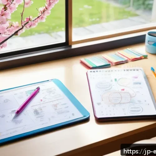 복잡한 주제에 대한 다양한 학습 기법 비교 - A modern Japanese student&rsquo;s study desk in a bright room, featuring a neatly arranged mind map on a d...