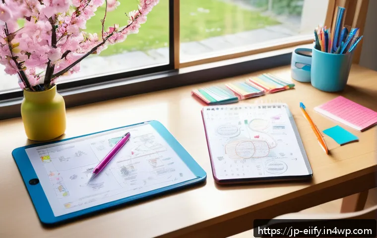 복잡한 주제에 대한 다양한 학습 기법 비교 - A modern Japanese student&rsquo;s study desk in a bright room, featuring a neatly arranged mind map on a d...